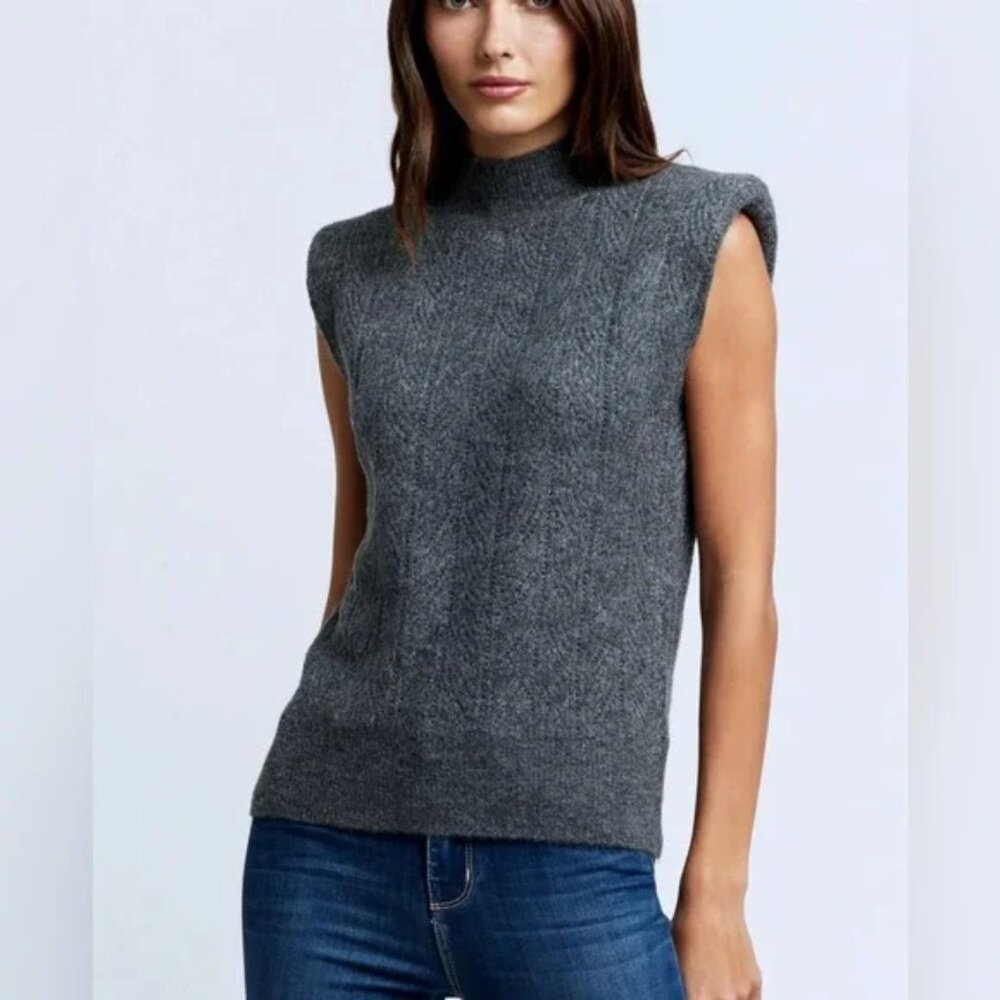 L'Agence Womens M Sloan Sweater Gray Mock Neck Sleeveless Shoulder Pads